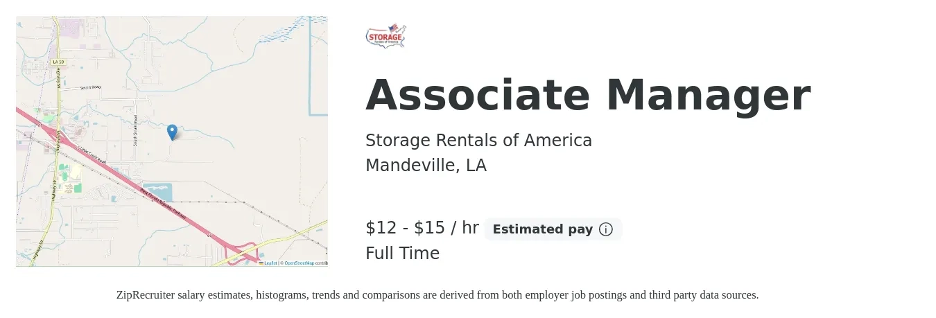 Storage Rentals of America job posting for a Associate Manager in Mandeville, LA with a salary of $14 to $24 Hourly with a map of Mandeville location.