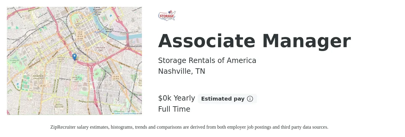 Storage Rentals of America job posting for a Associate Manager in Nashville, TN with a salary of $18 to $30 Hourly with a map of Nashville location.