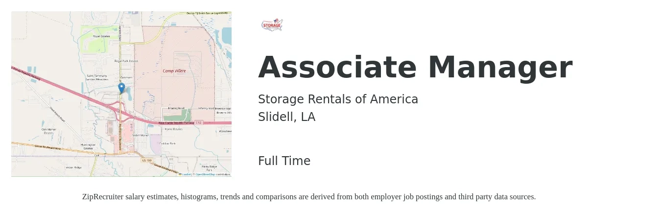 Storage Rentals of America job posting for a Associate Manager in Slidell, LA with a salary of $16 to $27 Hourly with a map of Slidell location.