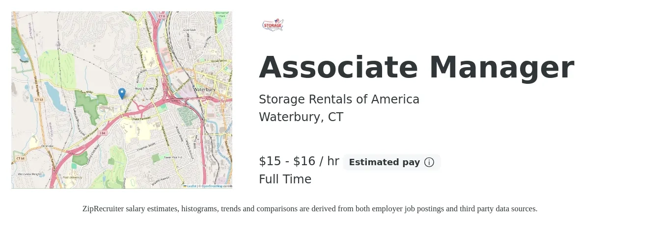 Storage Rentals of America job posting for a Associate Manager in Waterbury, CT with a salary of $16 to $18 Hourly with a map of Waterbury location.