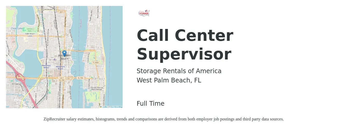 Storage Rentals of America job posting for a Call Center Supervisor in West Palm Beach, FL with a salary of $43,300 to $67,600 Yearly with a map of West Palm Beach location.