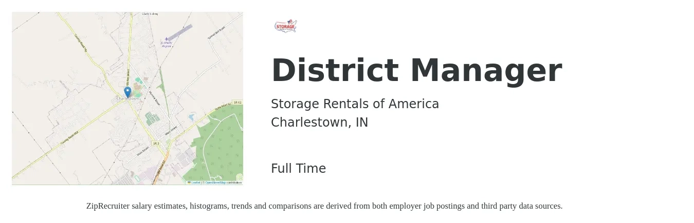Storage Rentals of America job posting for a District Manager in Charlestown, IN with a salary of $59,300 to $84,600 Yearly with a map of Charlestown location.
