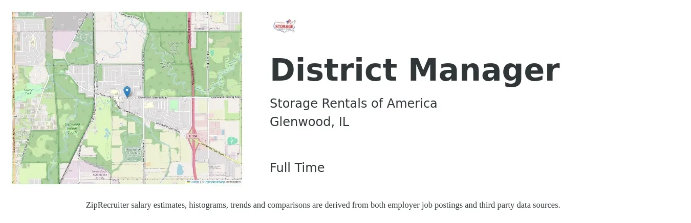 Storage Rentals of America job posting for a District Manager in Glenwood, IL with a salary of $61,600 to $87,900 Yearly with a map of Glenwood location.