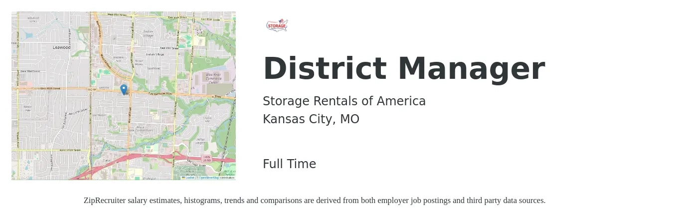Storage Rentals of America job posting for a District Manager in Kansas City, MO with a salary of $57,300 to $81,700 Yearly with a map of Kansas City location.