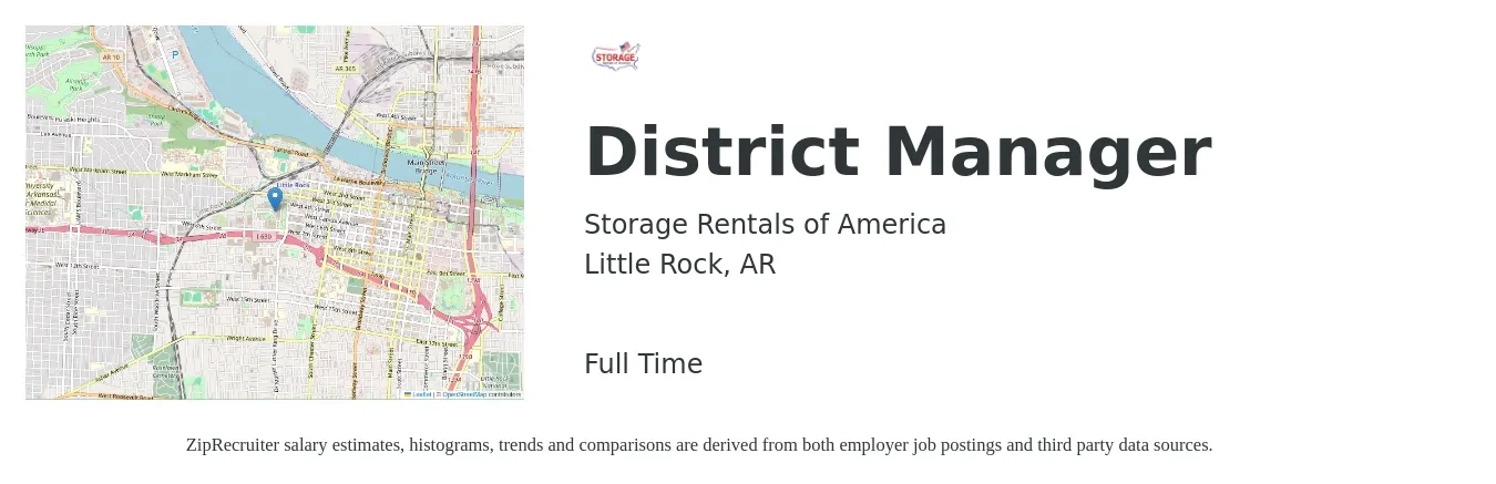 Storage Rentals of America job posting for a District Manager in Little Rock, AR with a salary of $53,700 to $76,600 Yearly with a map of Little Rock location.