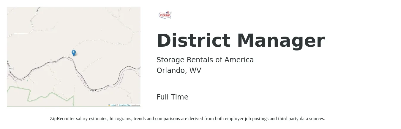 Storage Rentals of America job posting for a District Manager in Orlando, WV with a salary of $58,200 to $83,000 Yearly with a map of Orlando location.