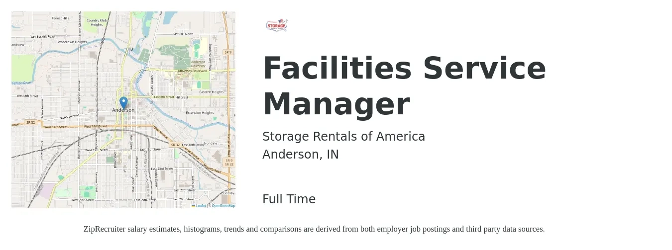 Storage Rentals of America job posting for a Facilities Service Manager in Anderson, IN with a salary of $44,500 to $73,800 Yearly with a map of Anderson location.