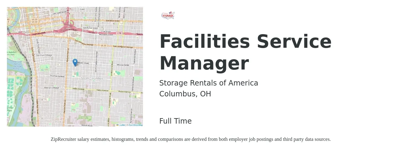 Storage Rentals of America job posting for a Facilities Service Manager in Columbus, OH with a salary of $49,500 to $82,000 Yearly with a map of Columbus location.