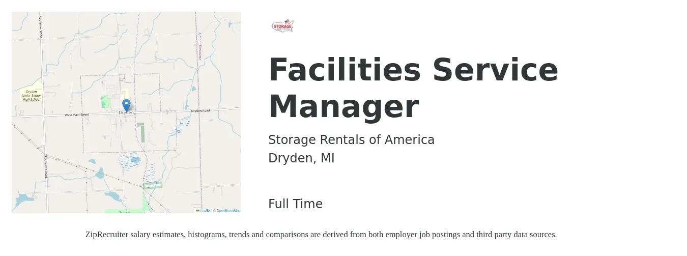 Storage Rentals of America job posting for a Facilities Service Manager in Dryden, MI with a salary of $50,200 to $83,300 Yearly with a map of Dryden location.