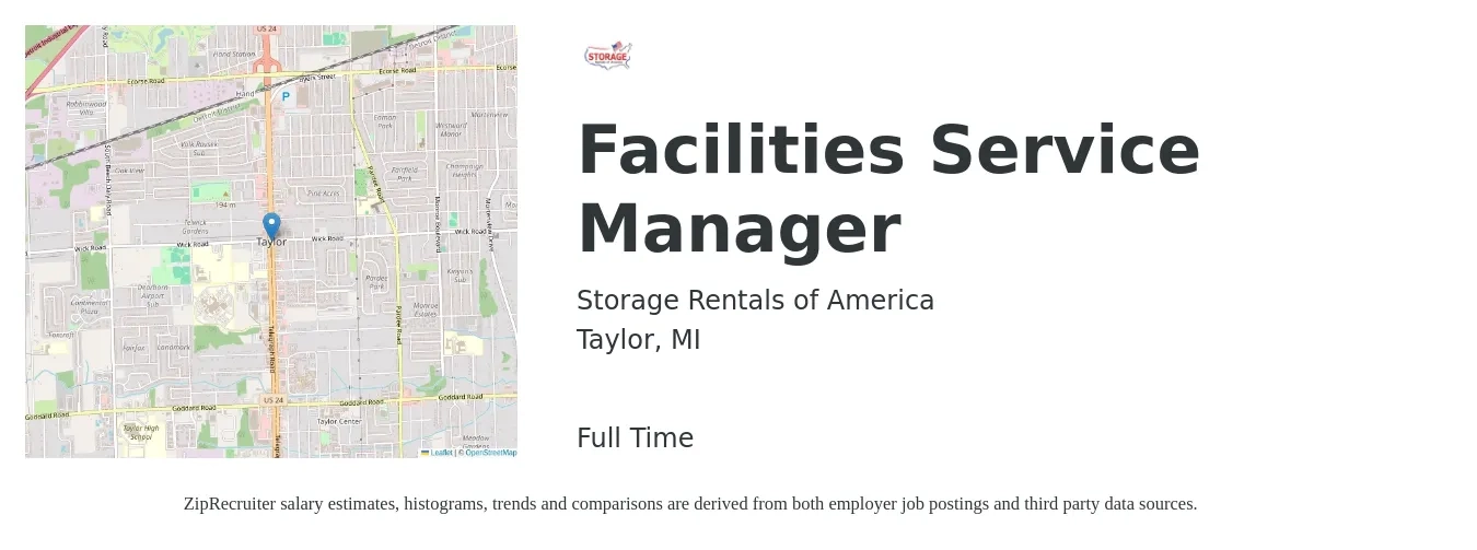 Storage Rentals of America job posting for a Facilities Service Manager in Taylor, MI with a salary of $50,100 to $83,100 Yearly with a map of Taylor location.