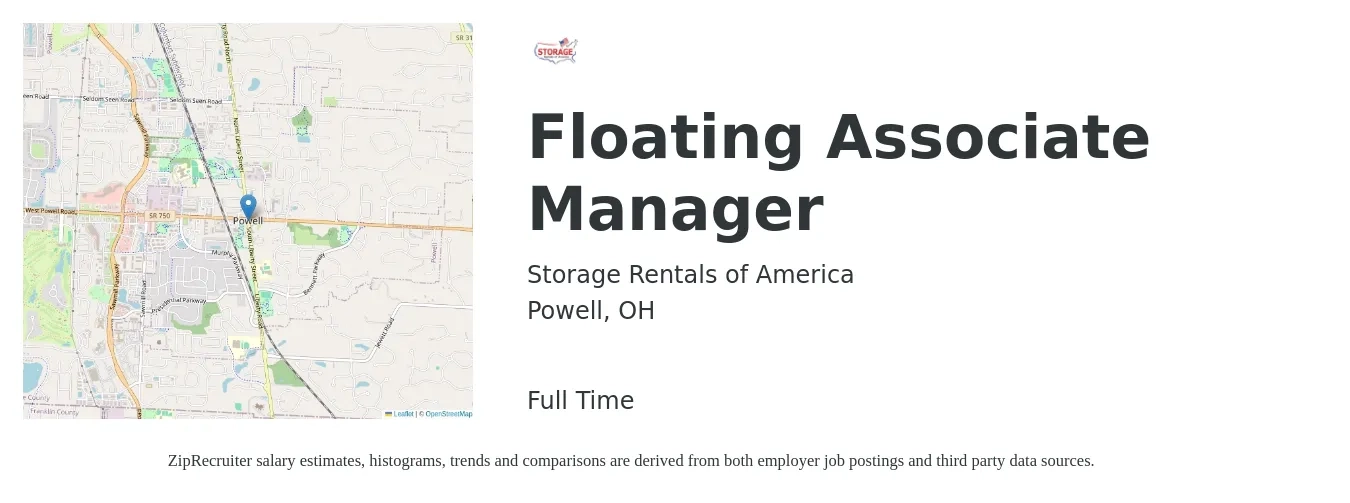Storage Rentals of America job posting for a Floating Associate Manager in Powell, OH with a salary of $17 to $30 Hourly with a map of Powell location.