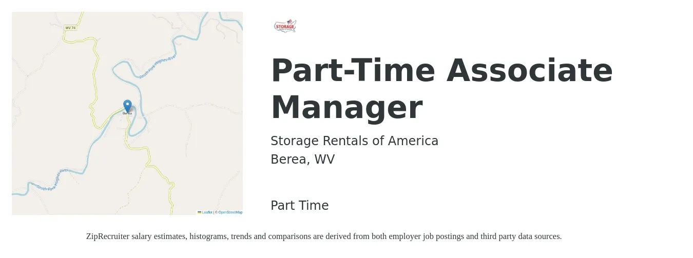Storage Rentals of America job posting for a Part-Time Associate Manager in Berea, WV with a salary of $16 to $28 Hourly with a map of Berea location.