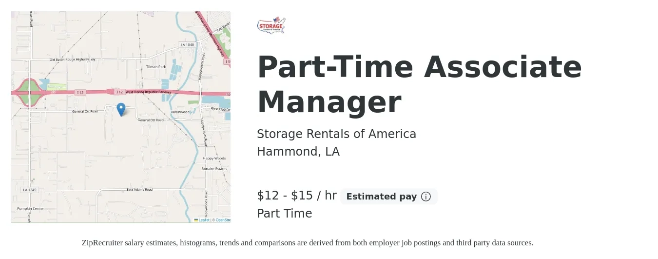 Storage Rentals of America job posting for a Part-Time Associate Manager in Hammond, LA with a salary of $15 to $26 Hourly with a map of Hammond location.