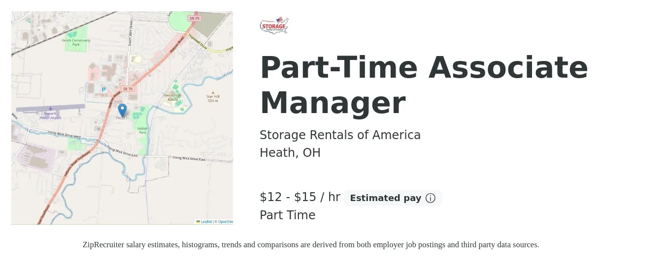 Storage Rentals of America job posting for a Part-Time Associate Manager in Heath, OH with a salary of $16 to $28 Hourly with a map of Heath location.