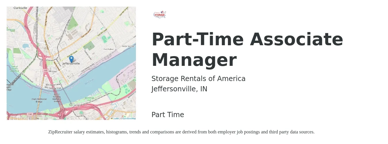 Storage Rentals of America job posting for a Part-Time Associate Manager in Jeffersonville, IN with a salary of $17 to $30 Hourly with a map of Jeffersonville location.