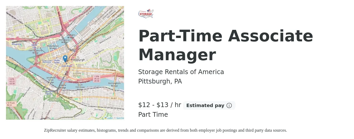 Storage Rentals of America job posting for a Part-Time Associate Manager in Pittsburgh, PA with a salary of $18 to $30 Hourly with a map of Pittsburgh location.