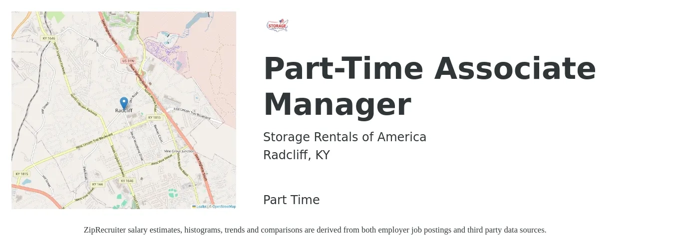 Storage Rentals of America job posting for a Part-Time Associate Manager in Radcliff, KY with a salary of $16 to $27 Hourly with a map of Radcliff location.