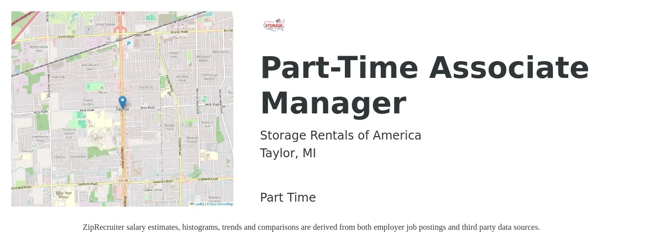 Storage Rentals of America job posting for a Part-Time Associate Manager in Taylor, MI with a salary of $17 to $29 Hourly with a map of Taylor location.