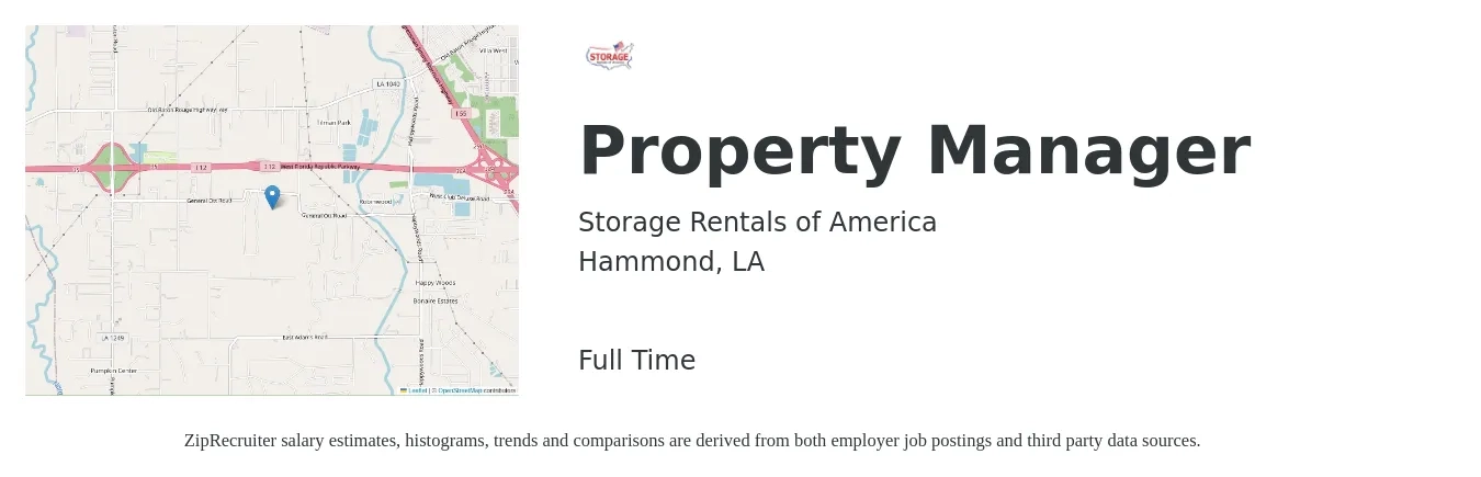 Storage Rentals of America job posting for a Property Manager in Hammond, LA with a salary of $36,300 to $56,000 Yearly with a map of Hammond location.