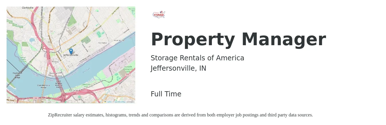 Storage Rentals of America job posting for a Property Manager in Jeffersonville, IN with a salary of $42,200 to $65,200 Yearly with a map of Jeffersonville location.