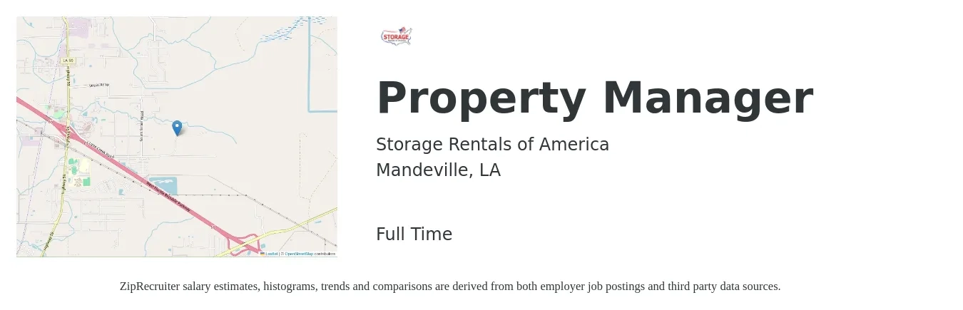 Storage Rentals of America job posting for a Property Manager in Mandeville, LA with a salary of $33,500 to $51,700 Yearly with a map of Mandeville location.