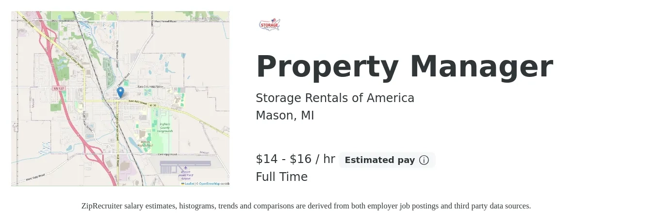 Storage Rentals of America job posting for a Property Manager in Mason, MI with a salary of $15 to $17 Hourly with a map of Mason location.