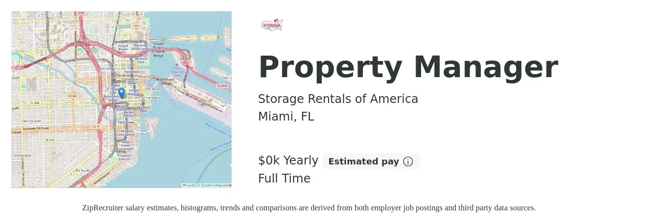 Storage Rentals of America job posting for a Property Manager in Miami, FL with a salary of $16 to $18 Yearly with a map of Miami location.