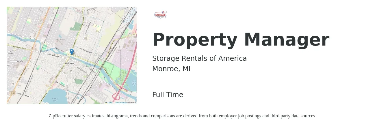 Storage Rentals of America job posting for a Property Manager in Monroe, MI with a salary of $40,700 to $62,900 Yearly with a map of Monroe location.