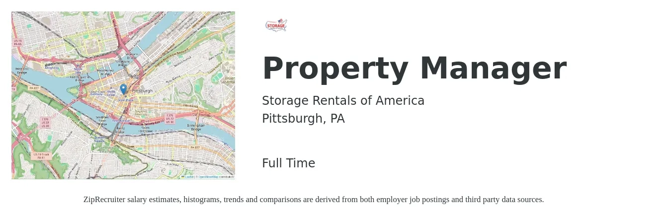 Storage Rentals of America job posting for a Property Manager in Pittsburgh, PA with a salary of $42,700 to $66,000 Yearly with a map of Pittsburgh location.
