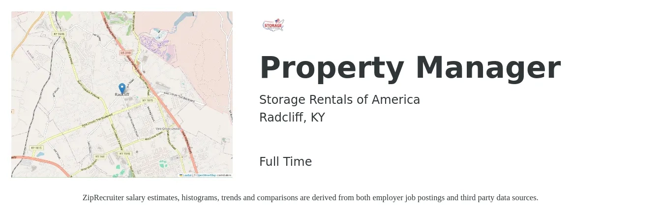 Storage Rentals of America job posting for a Property Manager in Radcliff, KY with a salary of $37,900 to $58,600 Yearly with a map of Radcliff location.