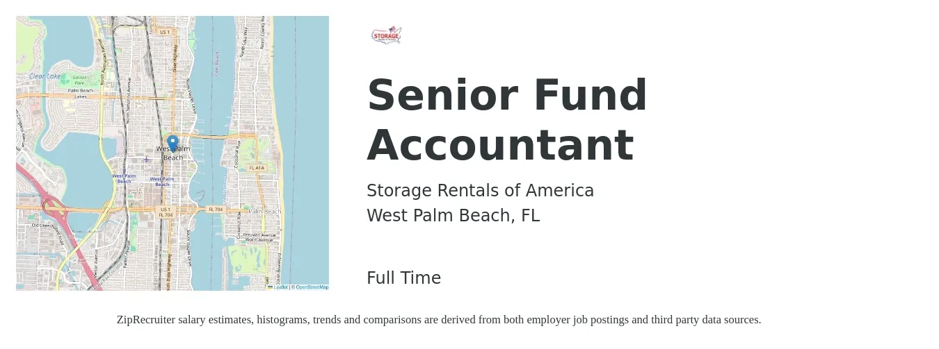 Storage Rentals of America job posting for a Senior Fund Accountant in West Palm Beach, FL with a salary of $54,100 to $100,000 Yearly with a map of West Palm Beach location.
