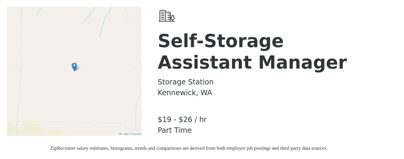Storage Station job posting for a Self-Storage Assistant Manager in Kennewick, WA with a salary of $20 to $28 Hourly with a map of Kennewick location.