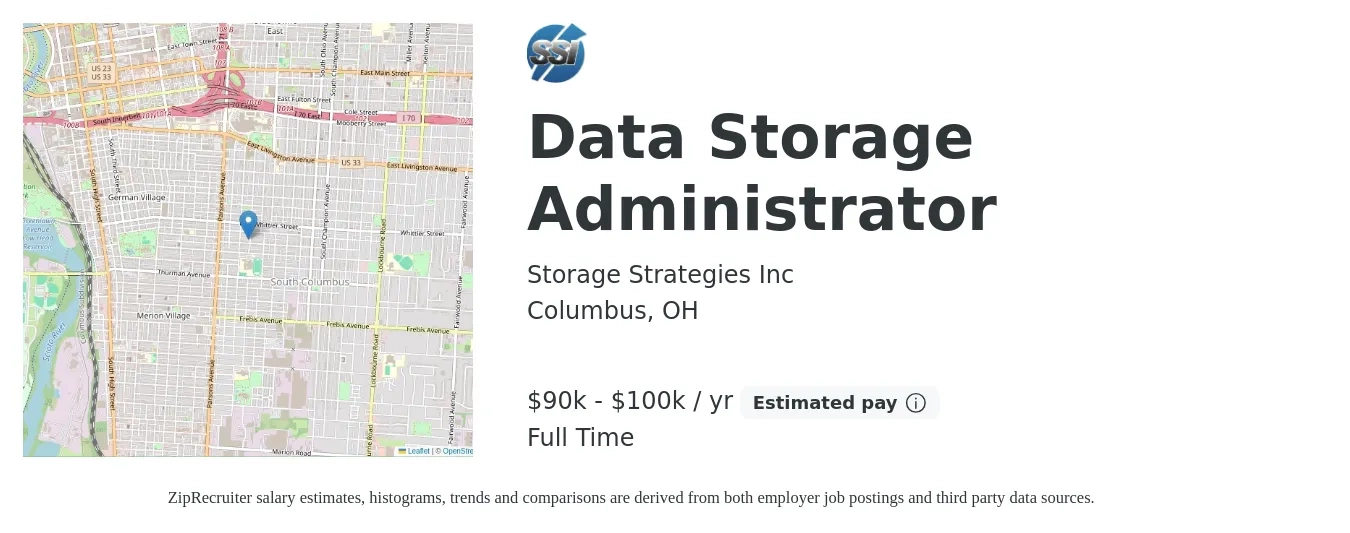 Storage Strategies Inc job posting for a Data Storage Administrator in Columbus, OH with a salary of $90,000 to $100,000 Yearly with a map of Columbus location.