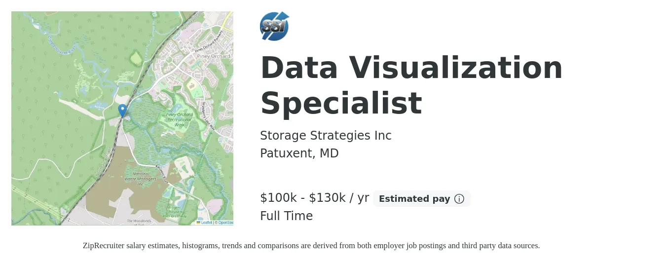 Storage Strategies Inc job posting for a Data Visualization Specialist in Patuxent, MD with a salary of $100,000 to $130,000 Yearly with a map of Patuxent location.