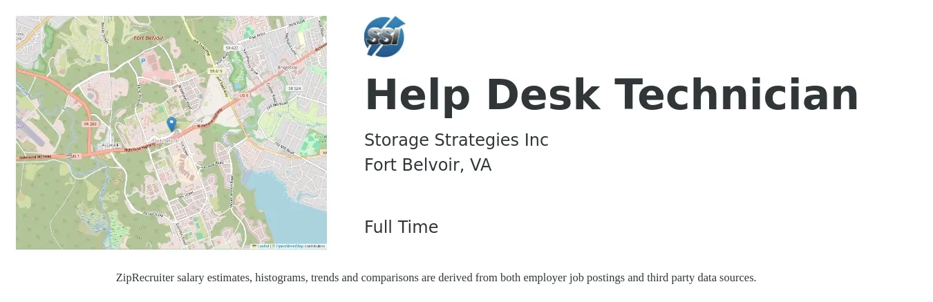 Storage Strategies Inc job posting for a Help Desk Technician in Fort Belvoir, VA with a salary of $41,000 to $46,000 Yearly with a map of Fort Belvoir location.