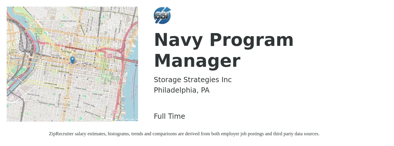 Storage Strategies, Inc job posting for a Navy Program Manager in Philadelphia, PA with a salary of $76,000 to $126,600 Yearly with a map of Philadelphia location.