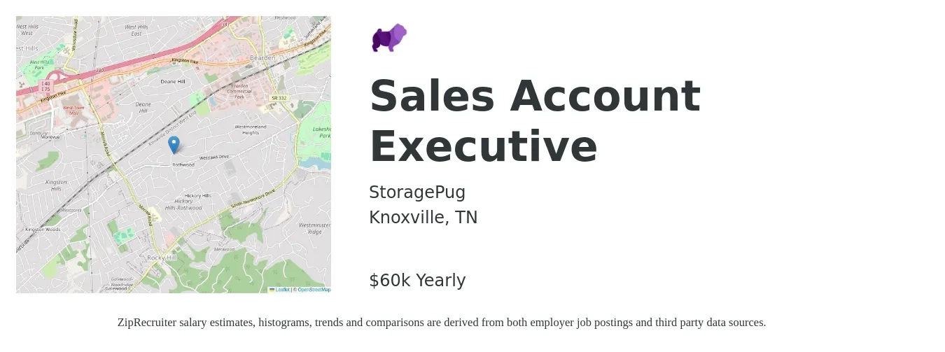 StoragePug job posting for a Sales Account Executive in Knoxville, TN with a salary of $60,000 to $240,000 Yearly with a map of Knoxville location.