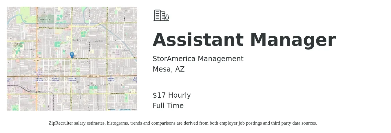 StorAmerica Management job posting for a Assistant Manager in Mesa, AZ with a salary of $18 Hourly with a map of Mesa location.