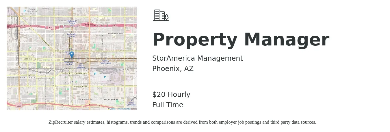 StorAmerica Management job posting for a Property Manager in Phoenix, AZ with a salary of $15 to $18 Hourly with a map of Phoenix location.
