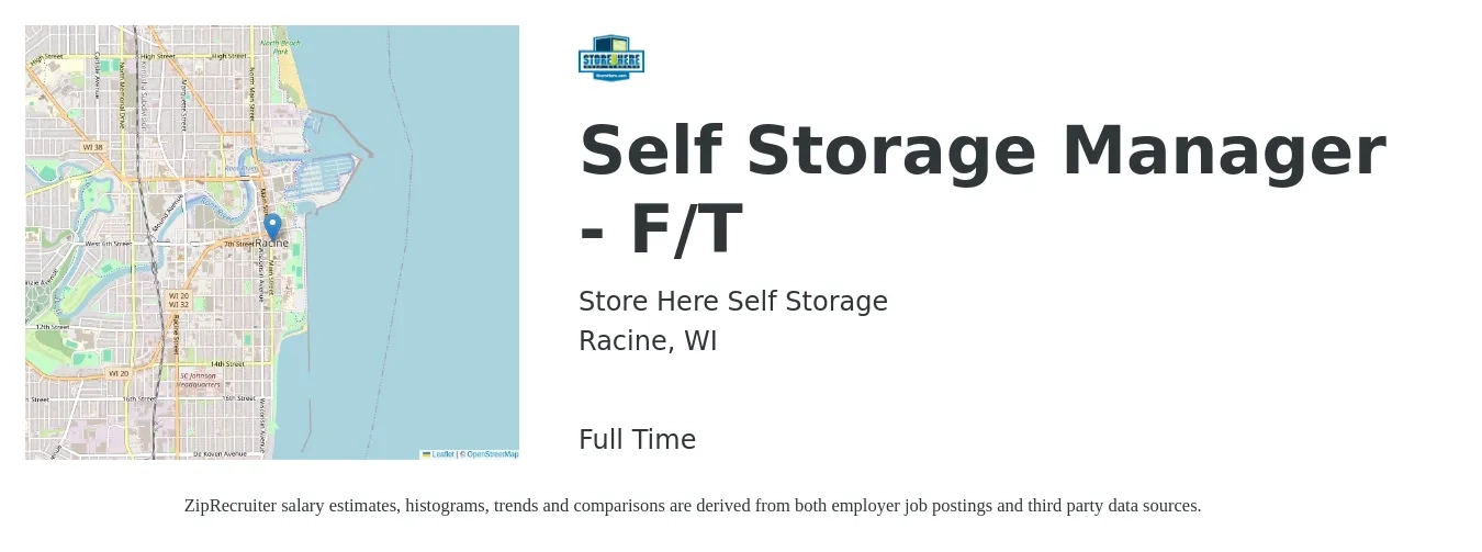 Store Here Self Storage job posting for a Self Storage Manager - F/T in Racine, WI with a salary of $41,300 to $63,800 Yearly with a map of Racine location.