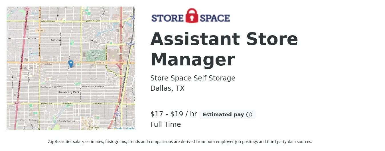 Store Space Self Storage job posting for a Assistant Store Manager in Dallas, TX with a salary of $18 to $20 Hourly with a map of Dallas location.