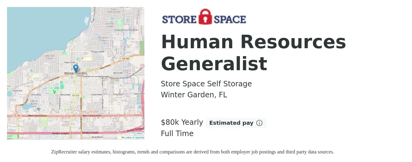 Store Space Self Storage job posting for a Human Resources Generalist in Winter Garden, FL with a salary of $80,000 Yearly with a map of Winter Garden location.