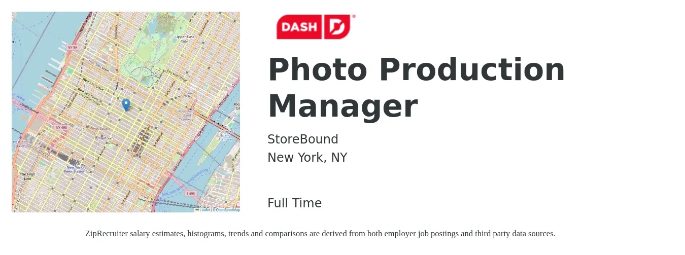 StoreBound job posting for a Photo Production Manager in New York, NY with a salary of $61,400 to $88,200 Yearly with a map of New York location.