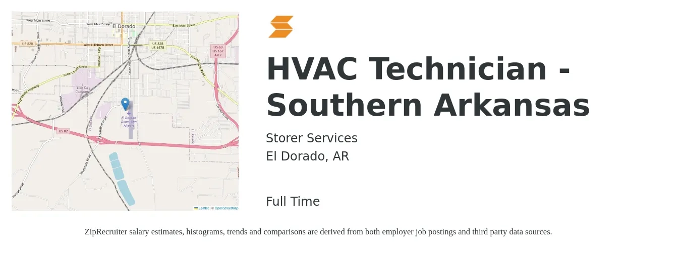 Storer Services job posting for a HVAC Technician - Southern Arkansas in El Dorado, AR with a salary of $70,000 Yearly with a map of El Dorado location.