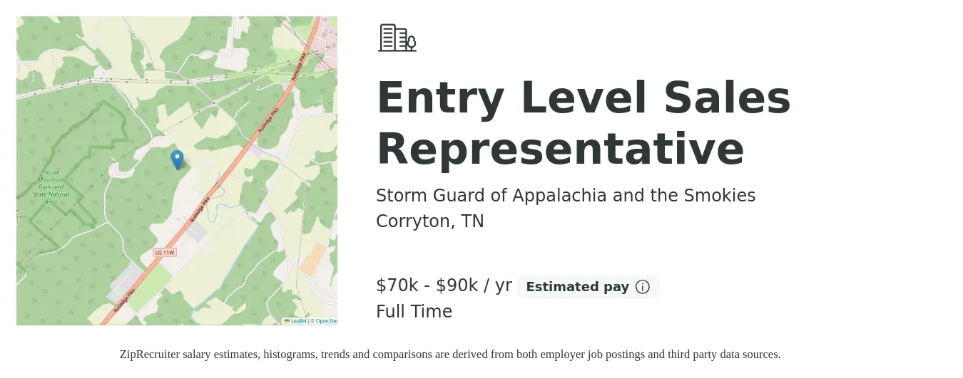 Storm Guard of Appalachia and the Smokies job posting for a Entry Level Sales Representative in Corryton, TN with a salary of $65,000 to $85,000 Yearly with a map of Corryton location.