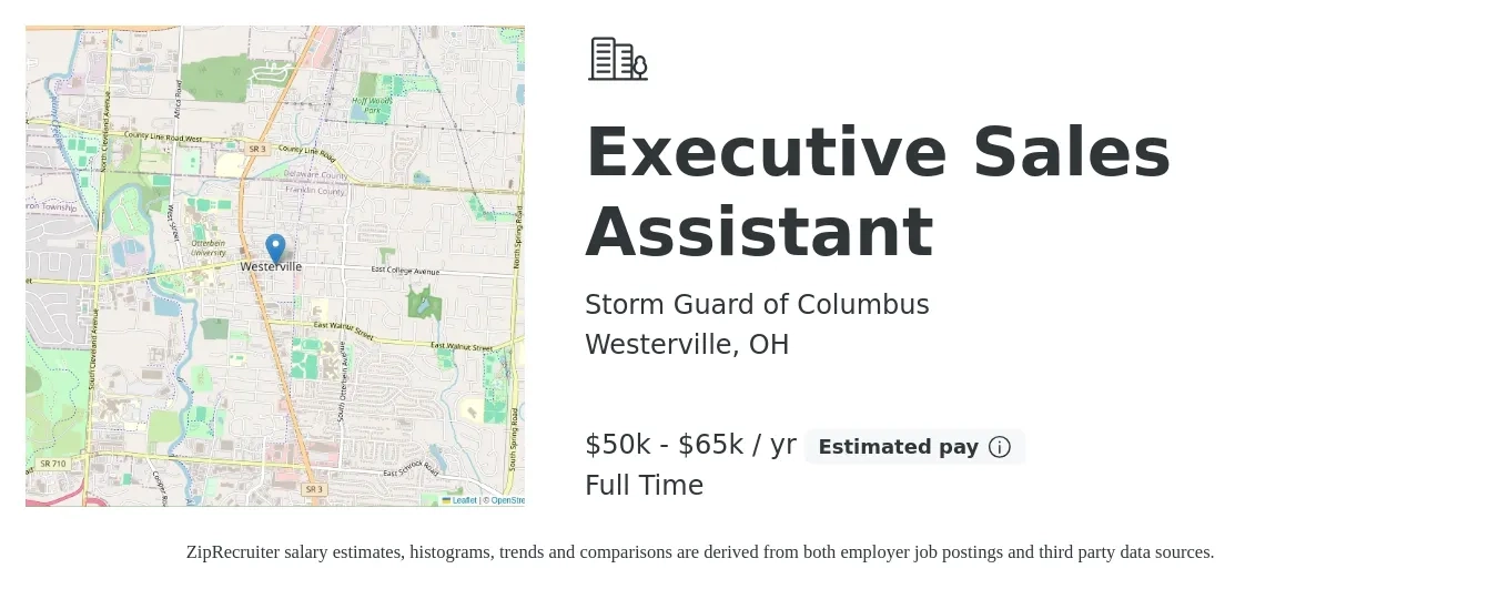 Storm Guard of Columbus job posting for a Executive Sales Assistant in Westerville, OH with a salary of $50,000 to $65,000 Yearly with a map of Westerville location.