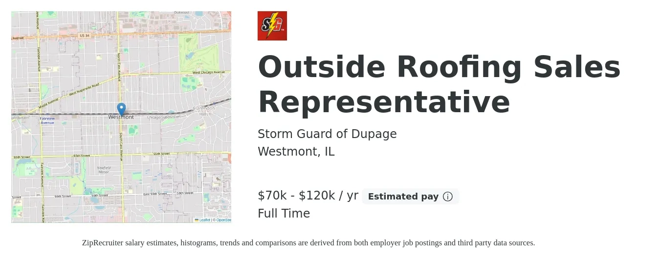 Storm Guard of Dupage job posting for a Outside Roofing Sales Representative in Westmont, IL with a salary of $70,000 to $120,000 Yearly with a map of Westmont location.