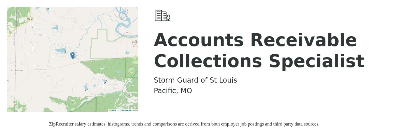 Storm Guard of St Louis job posting for a Accounts Receivable / Collections Specialist in Pacific, MO with a salary of $15 to $18 Hourly with a map of Pacific location.