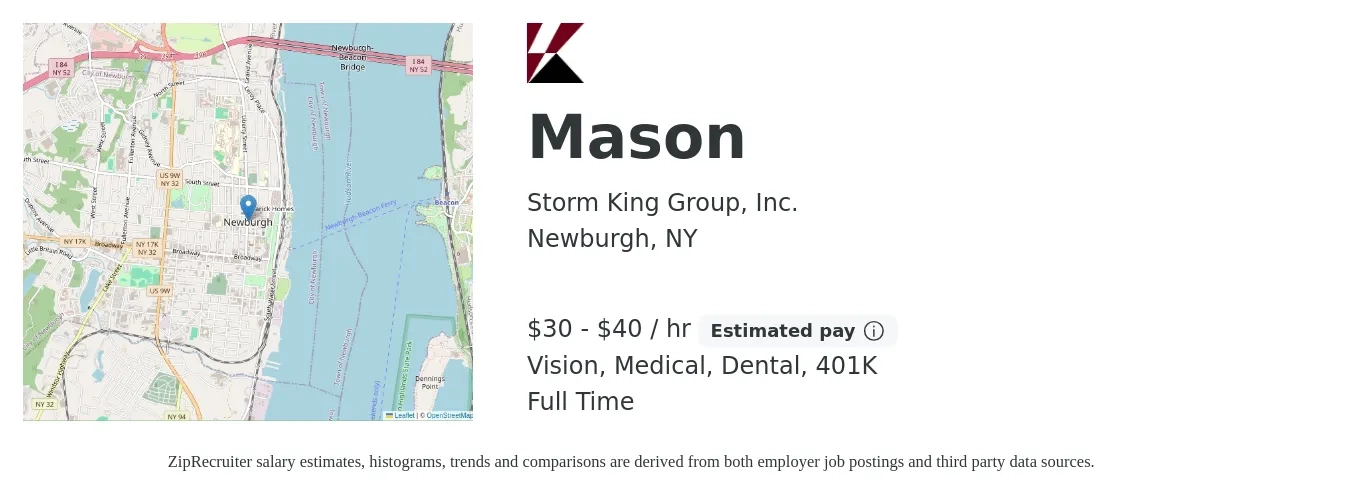 Storm King Group, Inc. job posting for a Mason in Newburgh, NY with a salary of $32 to $42 Hourly and benefits including 401k, dental, medical, and vision with a map of Newburgh location.