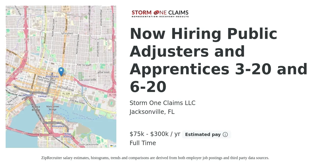 Storm One Claims LLC job posting for a Now Hiring Public Adjusters and Apprentices 3-20 and 6-20 in Jacksonville, FL with a salary of $75,000 to $300,000 Yearly with a map of Jacksonville location.